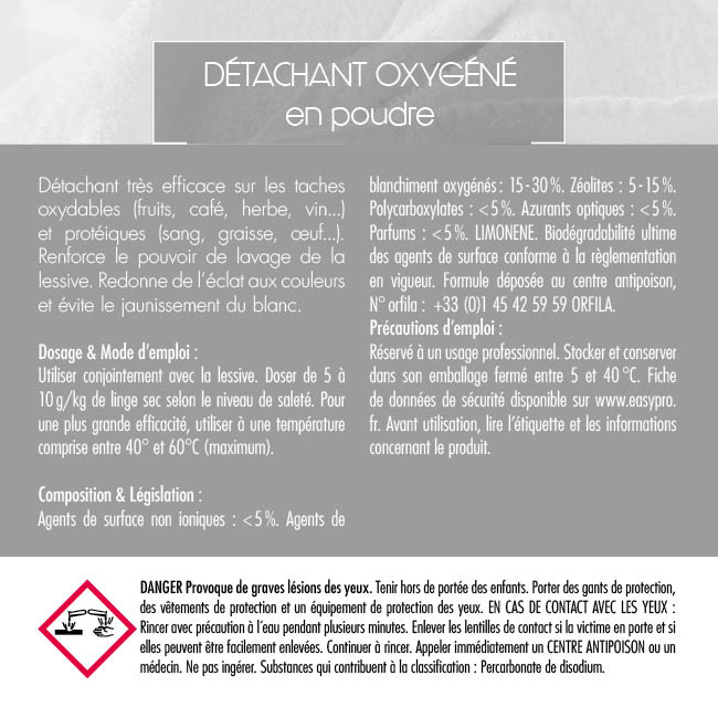 détachant professionnel en poudre pour linge blanc