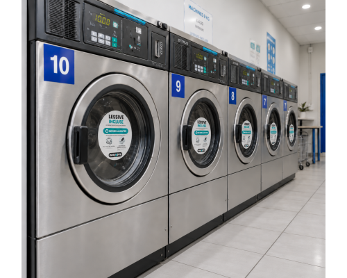Machines dans laverie automatique avec stickers pour laverie sur les hublots